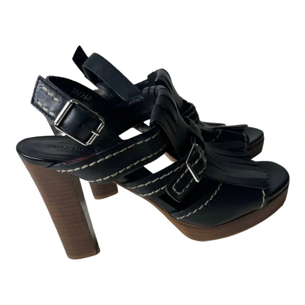 Elvio Zanon Black Leather Fringe Style Heel Platform Sandals Size 39 (US 8.5)